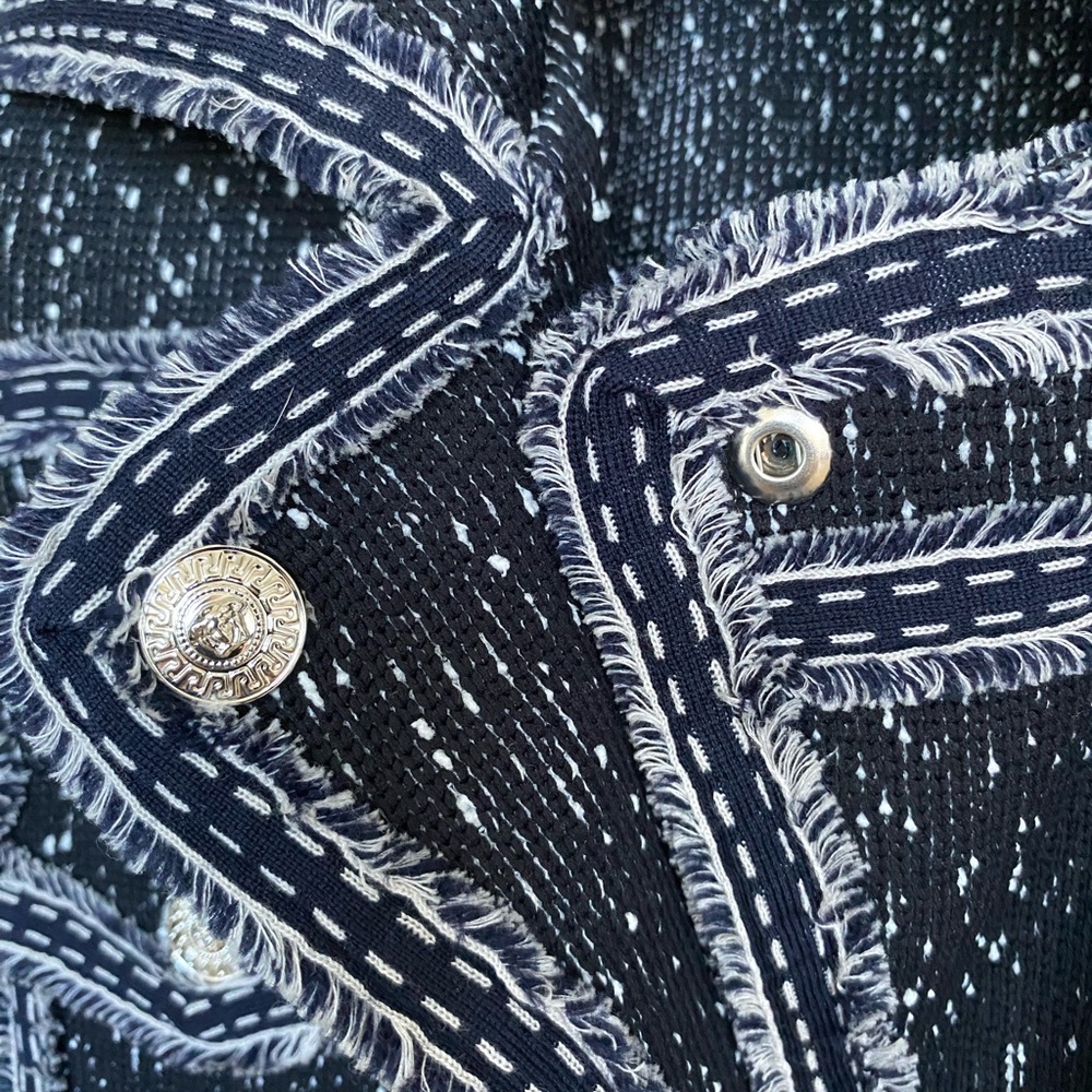 Authentic Versace cropped boucle tweed navy blue moto trucker denim jacket s m - Picture 10 of 13